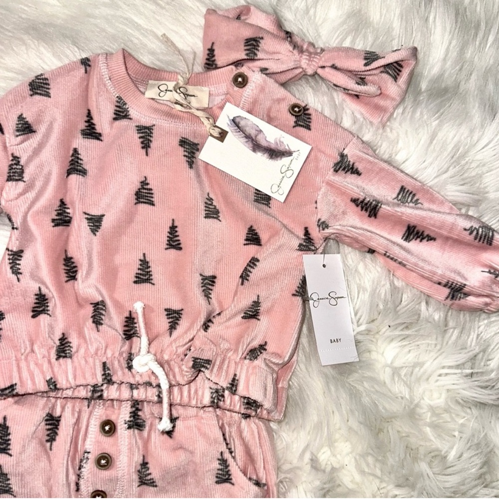 Velvet Pink Tree Baby Girl Christmas-y Outfit with Headband